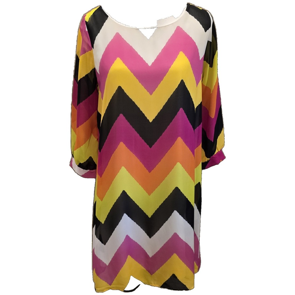 Rachel Kate Shift Dress Women's Medium‎ Chevron Boho Sheer 3/4 Sleeve Dress